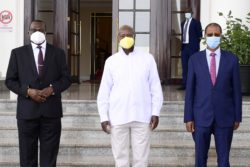 President Museveni shares a pictorial moment with the newly sworn-in Chief Justice Owinyi Dollo and His Deputy Richard Butera at Statehouse Entebbe on Tuesday