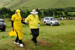 President Museveni and First Lady Janet arrive at Kyamate Seconday School in Ntungamo for the NRM leaders meeting and scientific campaign.