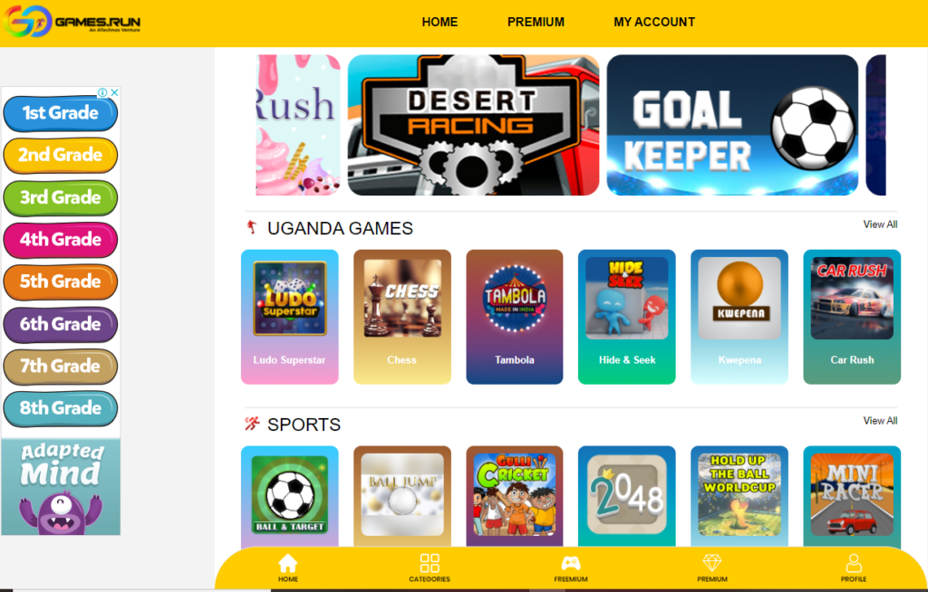 A screen shot of the Go Games Page with various games for everyone