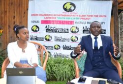 Deo Oburye the President of Assure Uganda, with Victoria Abigaba Executive Director of Assure Uganda addressing the press at the launch of the program in Kigezi