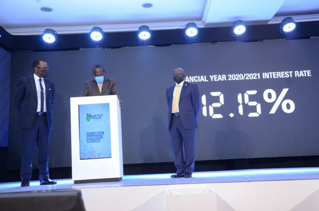 Richard-Byarugaba-NSSF-MD-L-and-Peter-Kimbowa-NSSF-Board-Chairperson-look-on-as-Finance-Minister-Hon.-Matia-Kasaija-announces-the-12.15-interest-rate-for-FY-2020-21