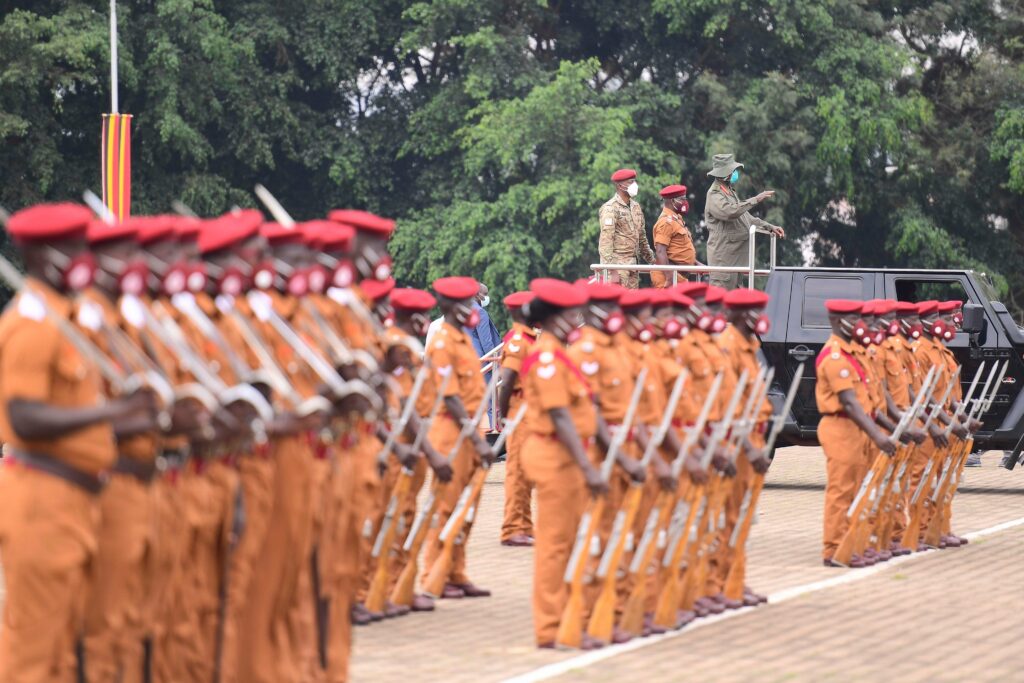 President Museveni Gen. Yoweri Museveni inspects a guard-of-honour at the pass out of 97 cadet assistant superintendents of prisons and 267 non-commissioned officers at Kololo Airstrip on Tuesday (PPU PHOTO)