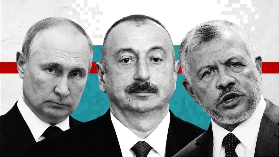 Russias Vladimir Putin[left], Azerbaijans President Ilham Aliyev[centre] andthe King of Jordan[right] are all linked to the files