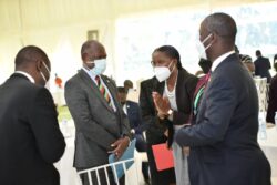 Makerere Vice Chancellor Barnabas Nawangwe interacting with Guest of Honour and Chief Whip Thomas Tayeebwa during Ma@100 stakeholders mobilisation event