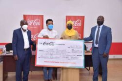 Hon Musa Noah, MP Koboko North, Melkamu Abebe General Manager CCBA, Hon. Naima Melsa Gule Avako and Hon. Ezma Siraji Brahan, MP Aringa County recieving the dummy cheque at Century Bottling Company