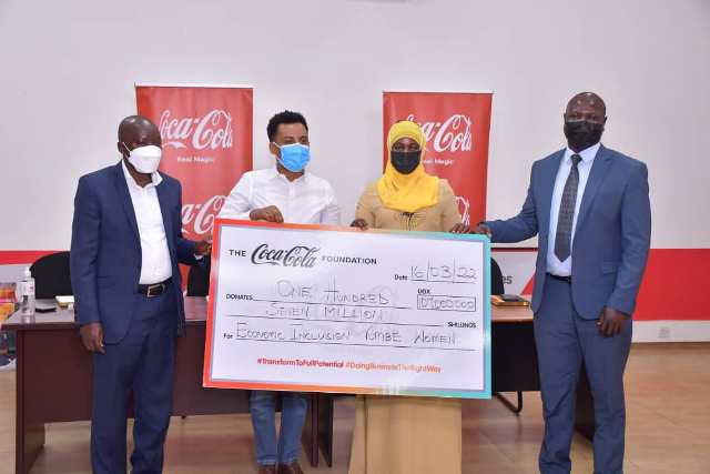 Hon Musa Noah, MP Koboko North, Melkamu Abebe General Manager CCBA, Hon. Naima Melsa Gule Avako and Hon. Ezma Siraji Brahan, MP Aringa County recieving the dummy cheque at Century Bottling Company