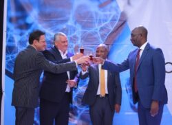 Toasting at the Seacom event; on the right Mr. Tejpal Bedi MD for East Africa, followed by Mr. Oliver Fortuin SEACOM Group CEO, Hon. Kabbyanga Godfrey Baluku-Guest (on the left) and Mr. Joseph Kiggundu- UIA