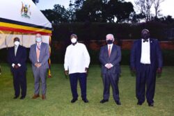 President Museveni (middle) in a group photo with the EU envoy led by H.E Gilmore (1st right) and Henry Okello Oryem the foreign affairs State Minister (2nd left)