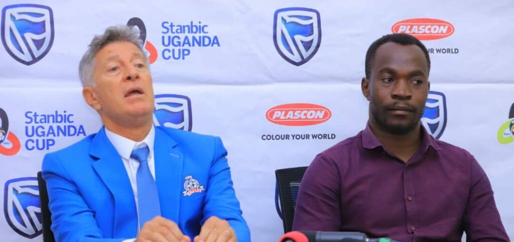 Mbarara City coach Sadick Sempigi (right) and Vipers tactician Robertinho Oliviera addressing media at FUFA House prior to their meeting. FUFA Photo