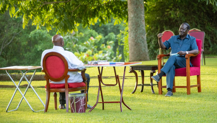 ODM leader Raila Odinga in a discussion with Uganda President Kaguta Museveni at Entebbe on Thursday, may 19, 2022 (3)