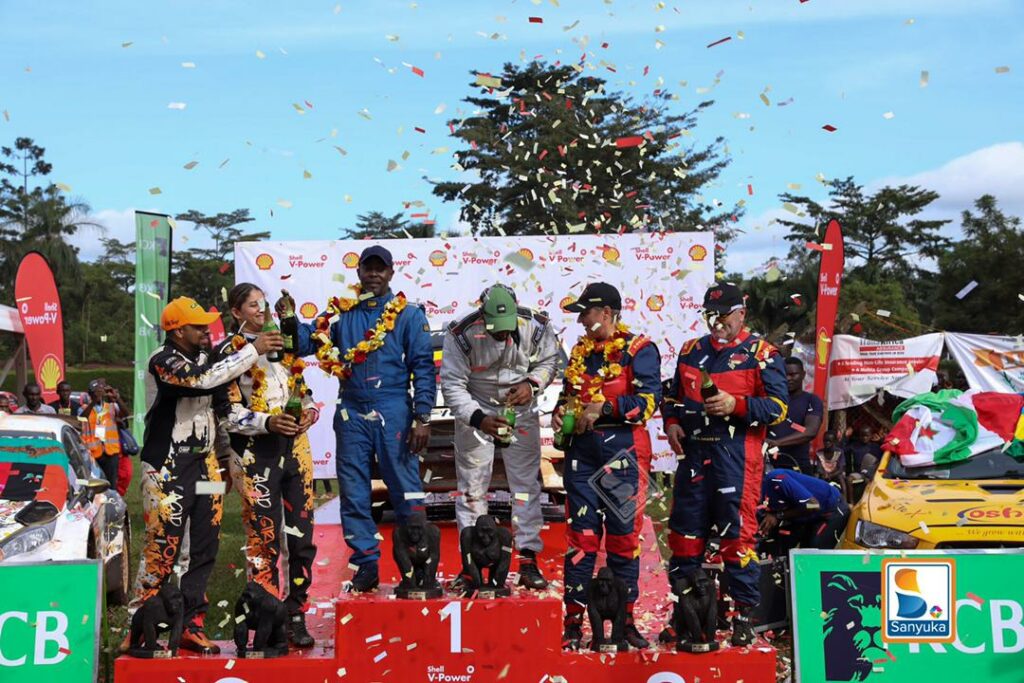 Podium finishers of the Shell V-Power Pearl of Africa Uganda Rally pose for a photo moment. Sanyuka TV Photo