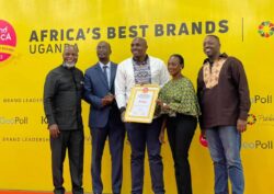 Henry Njoroge (c), Head of marketing at Airtel Uganda, Faith Bugonzi (2nd R), Acting Brand Strategy Manager at Airtel Uganda, Thebe Ikalafeng (L), Founder and Chairman of Brand Africa in a group photo