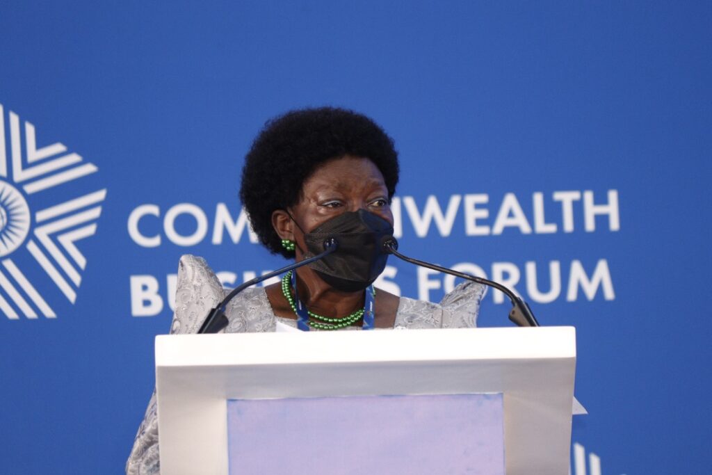 Rebecca Kadaga the Minister for East African Affairs addressing the Common Wealth Business Forum in Kigali on Wednesday