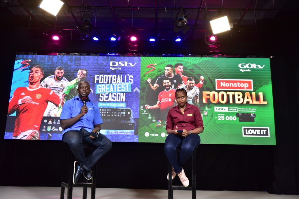 Daniel Komunda (left), Senior Marketing Operations Manager at MultiChoice Uganda and Josephine Namuddu, Gotv Brand Manager address media on Wednesday.