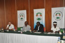 L-R, Lake Victoria Serena Director of Golf Theodor van Rooyen, UGU Committee member John Kato, UGU Treasurer Joseph Bagabo and national team coach Flavia Namakula at the launch of the event.