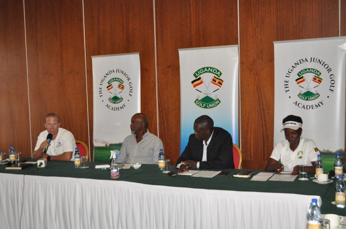 L-R, Lake Victoria Serena Director of Golf Theodor van Rooyen, UGU Committee member John Kato, UGU Treasurer Joseph Bagabo and national team coach Flavia Namakula at the launch of the event.