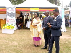 The three Area MPs for Rwampara District, Molly Asiimwe, Julius Tusiime and Amos Kankunda addressing the congregation at Kinoni Girls SS
