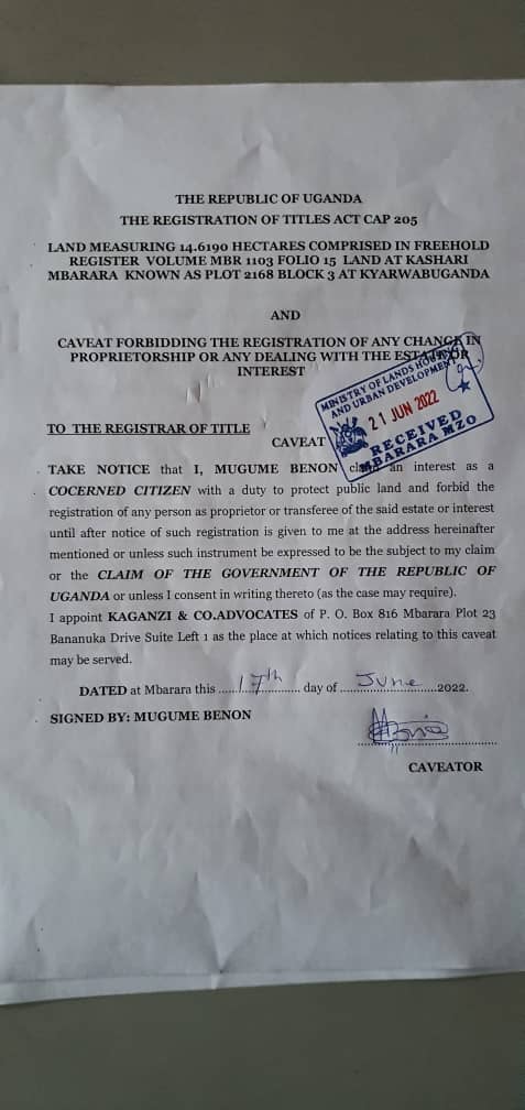 one of the letters for caveat by Benon Mugume