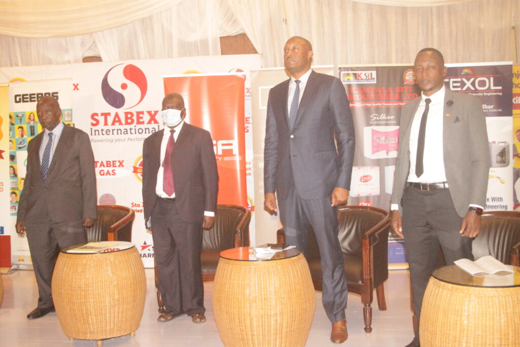 From left to right Trade, Industry and Cooperative minister Francis Mwebesa, Public Service Minister Muruli Mukasa, UIA Director General Robert Mukiza and CCA Boss Bari Salim at the awards on Friday