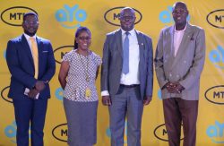 L-R aYo's Allan Lwanga, MTN's Susan Kayemba, IRA's Bernard Obera and IBAU's Solomon Rubondo launched the new innovation at the MTN Headquarters today