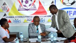 Mugisha congratulating Ayub Khalifa Kiyingi the new Chairperson of USFA