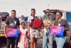 Aamito and Akello (Centre) being welcomed at E'bbe Airport