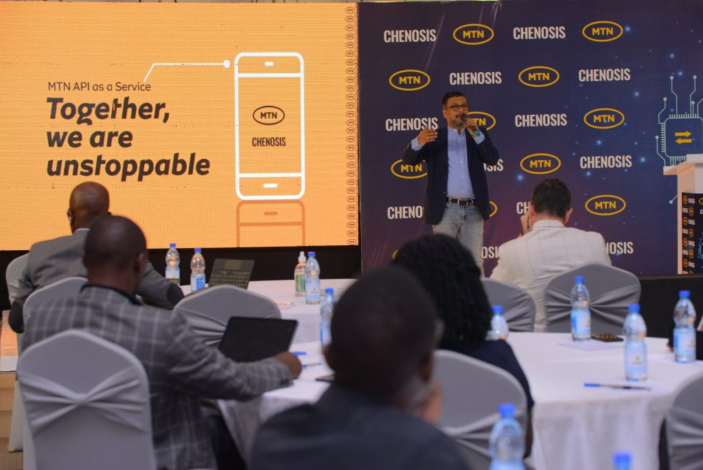 Somdev Sen, MTN Uganda's Chief Marketing Officer, speaking to guests at the launch of MTN Uganda's launch of APIs as a Service