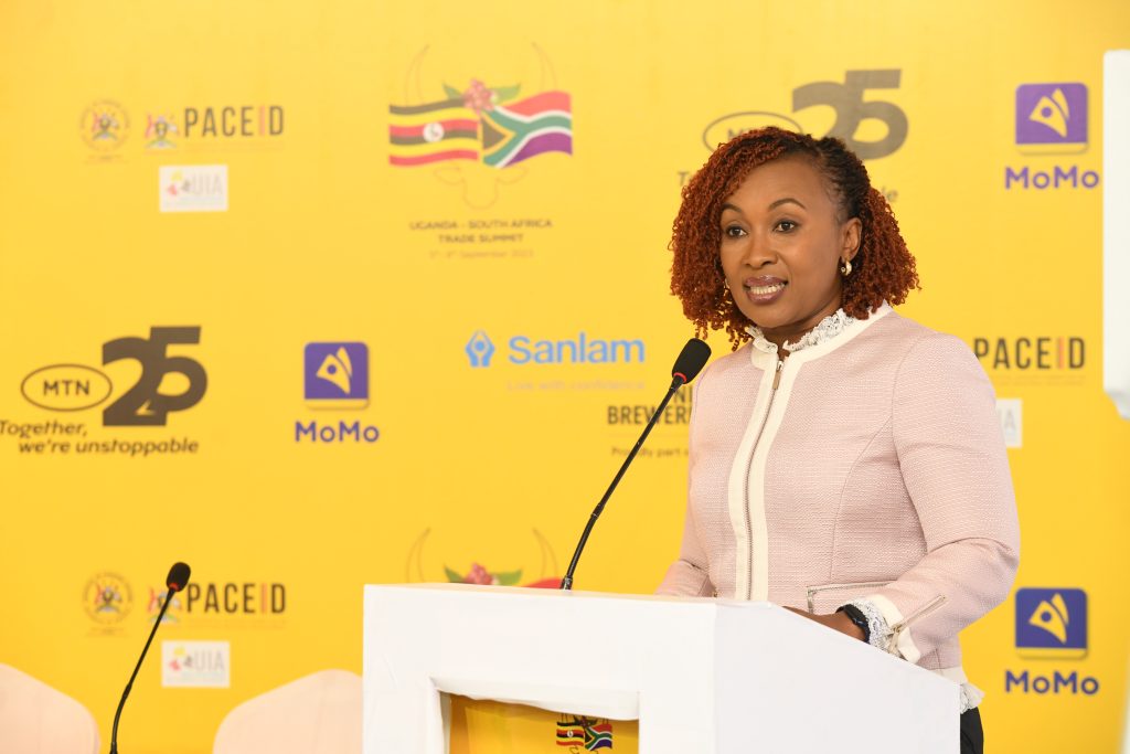 MTN Uganda CEO Sylvia Mulinge address the media for the upcoming Uganda-South Africa summit at the Kampala Serana Hotel on August.09.