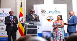 Uganda's High Commissioner to South Africa, H.E. Paul Amoru (second, left) introducing Andile Ramaphosa (R) and his wife, Bridget
