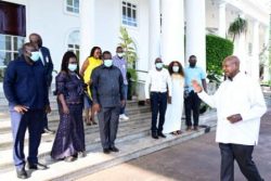 President Museveni interacts with family members of the late Alex Alijja Latim, a prominent opposition politician who was murdered in the 1970s. (3rd L) NRM SG Richard Twodwong PPU Photofamily5