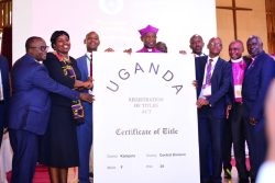 The Church of Uganda Provincial Assembly was filled with joy and jubilation as Equity Bank handed over the land title for the Church House to Archbishop Stephen Kazimba Mugalu.