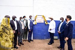 President Museveni commissioning Royal Milk Factory in Nalukolongo on Wednesday as company MD Swaleh Kigoye (L) and his team look on. (R) is Hon Balam Barugahare and EU ambassador Jan Sadek PPU Photo