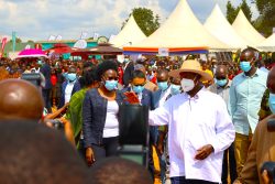 President Yoweri Museveni tours exhibitors' stalls at the trade exhibition and bazaar at Namukekera - Liao Shen Industrial Park in Kapeka