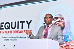 Equity Bank’s Managing Director Mr. Gift Shoko giving a speech at the Fintech engagement breakfast
