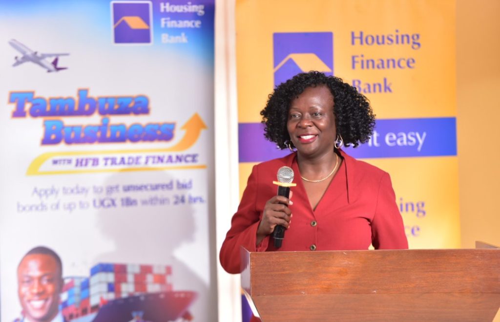 Ms. Angela Ndawula, Head Business and Institutional Banking addressing the media and attendees at the recently concluded 3rd edition of the HFB Business clinic held at their head office in Kololo