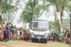 The Brand New Bus arriving through the gates of Nabumali Boarding Primary School