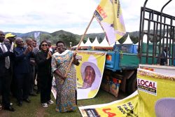 Vice President H.E. Maj. (Rtd) Jessica Alupo joins SPA Hajjat Aminah Mukalazi, Rukiga RDC Mr. Zadock, and District Coordinators to flag off the programme