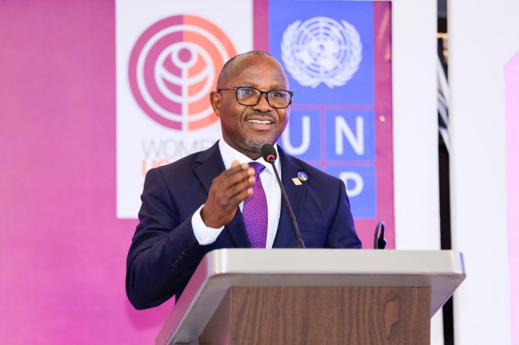 Centenary Bank Managing Director, Fabian Kasi addressing women at the launch of the She Counts Women's Fair in Kampala