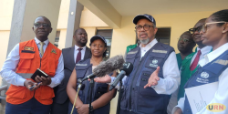 Dr Tedros addressing the media at the National Isolation Center in Mulago
