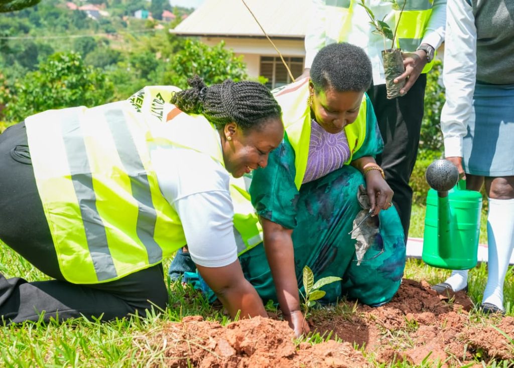 Equity Banks Virginia Ssemakula and Mawokota North MP Amelia Kyambadde planting a tree at the school