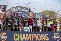 Stanbic Black Pirates players celebrate after lifting the 2026 National Rugby Premiership trophy following their dramatic 30–29 victory over Buffaloes RFC in the championship final